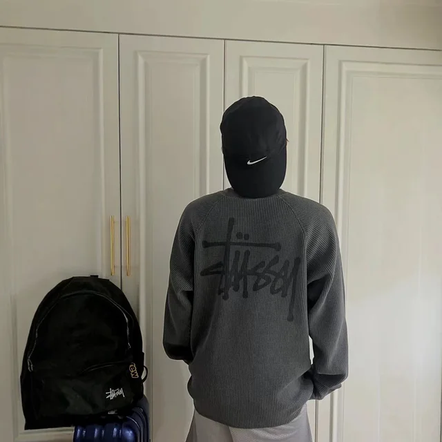 Stussy Logo Grey Ribbed Crewneck Sweater